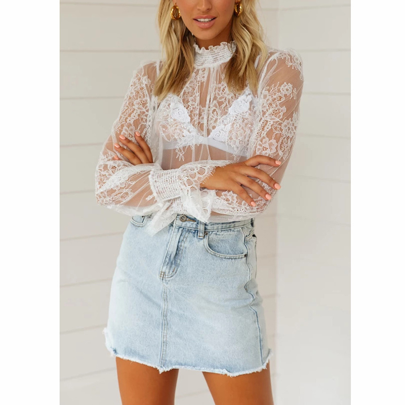 Summer Women White Lace Shirt Long Sleeve See Through Transparent Blouse Sexy Tops 210415