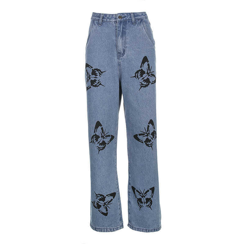 Girl Butterfly Printed Jeans for Women High Waist Streetwear Button Pocket Casual Loose Straight Pants Pantalones Vaqueros Mujer 210604