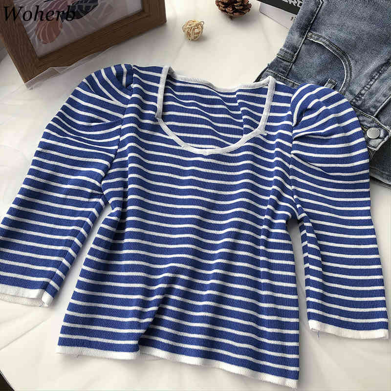Crew Neck Short-sleeved Sweater Bottoming Shirt Women's T-shirt Loose Thin Striped Puf Sleeve Vintage Spring Summer Blusa 210519