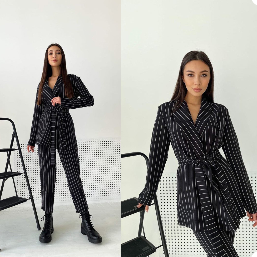 Fashion Striped Women Blazer Suit with Belt Long Sleeve Slim Fit Ladies Formal Pants Suits Prom Party Wedding (jacket+pants)