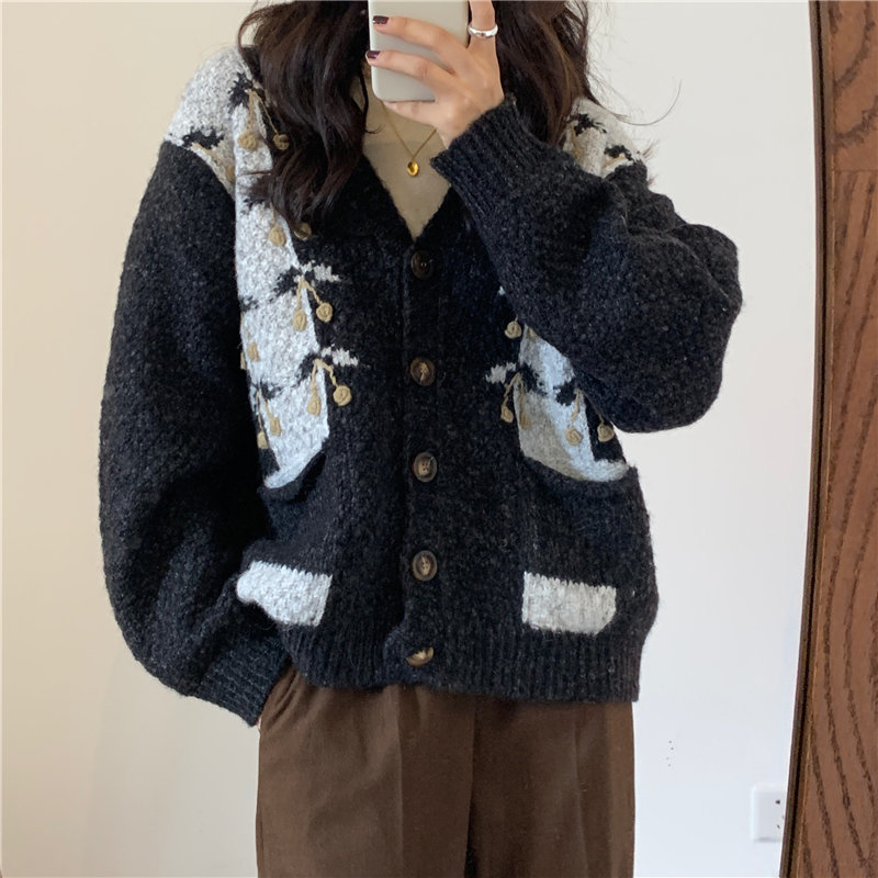 Women Feminine Vintage Office Lady Retro Oversize Warm Loose Knitted V-neck All-Match Slim Cardigans Sweaters 210421