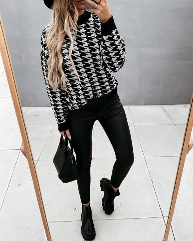 Winter Women Elegant Houndstooth Long Sleeve Knit Sweater Femme Round Neck Short Casual Top Chandail Office Ladies Clothing 210415
