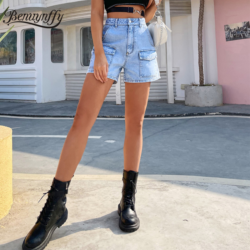 Flap Pocket Button Fly Denim Shorts Women Summer Fashion Streetwear Ladies High Waist Casual Straight Jean 210510