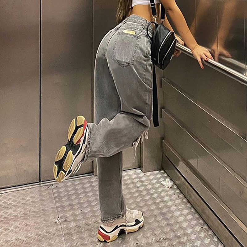 SHENGPALAE Irregular Hole Jeans Women's Spring High Waist Straight Tube Streetwear Gray Denim Pants Female Trendy 5A119 210922