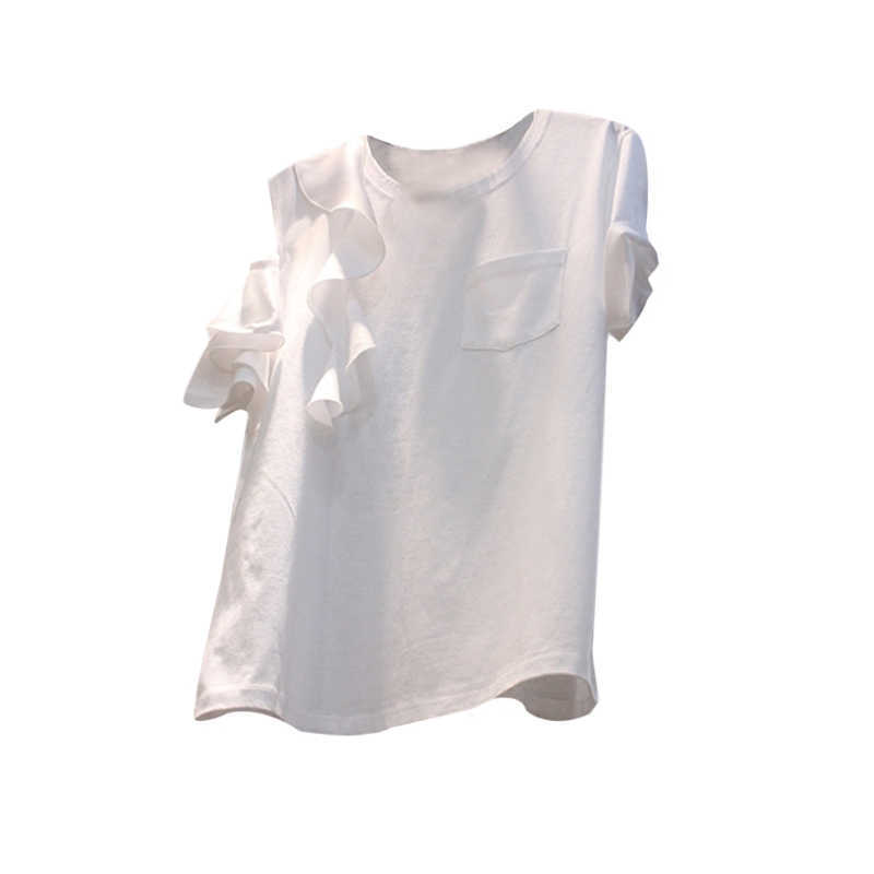 Spring Summer Ruffles Patchwork Off-the-shoulder Hollow Out Short-sleeved Solid White T-shirt Women's Tops 210615