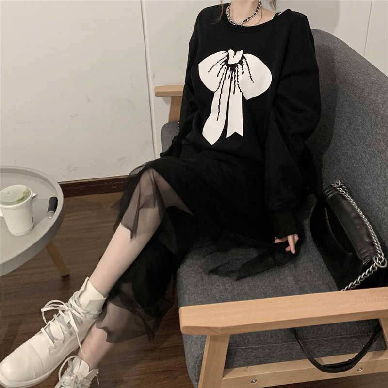 Black Bowknot Printed Long Sleeve Sweatshirt Causal O-neck Women Hoodies Spring Top Jumper 6F167 210603