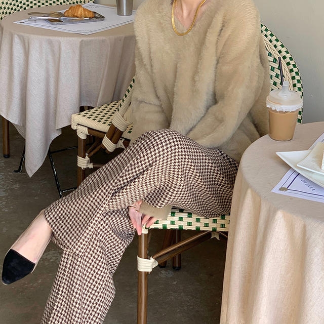 Autumn winter New womens high waist color block houndstooth grid pattern woolen loose wide leg long pants SMLXL