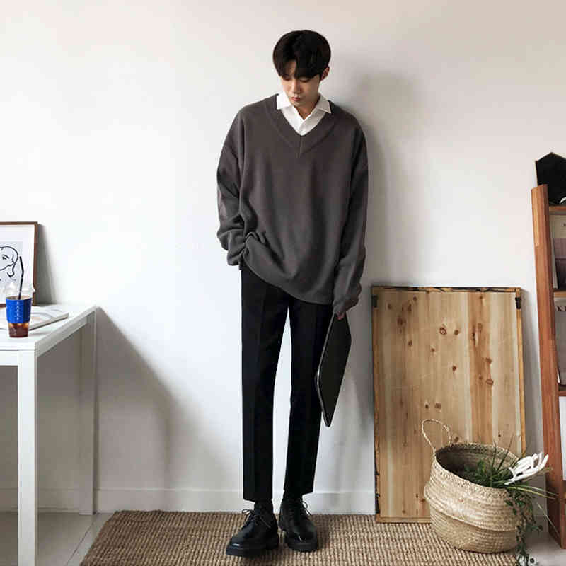 IEFB Loose V-Neck Sweater Men's Fashion Autumn Winter Korean Trend Thickened Bottomed Kintwear Oversized Clothes Male 9Y4492 210524