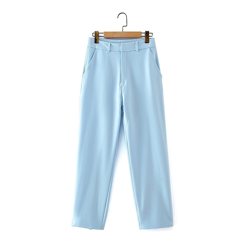 causal women polyester and cotton trousers summer ladies stylish straight pants female solid blue chic 210527