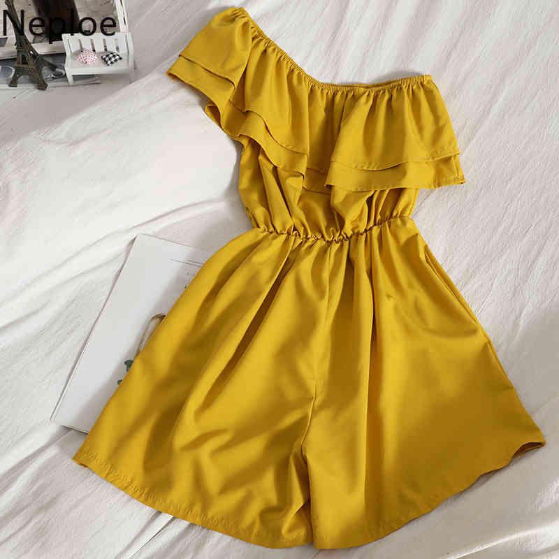 Neploe Jumpsuit Women Korean Off Shoulder High Waist Thin Ruffle Fashion Romper Summer All-match Wide-leg Shorts Bodysuit Female 210422