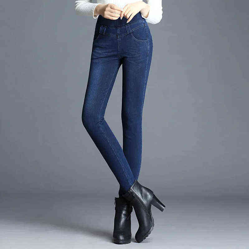 Winter blue skinny thick denim pencil pants women Casual solid colors elastic high waist warm jeans cowboy butt lifting legging 211112
