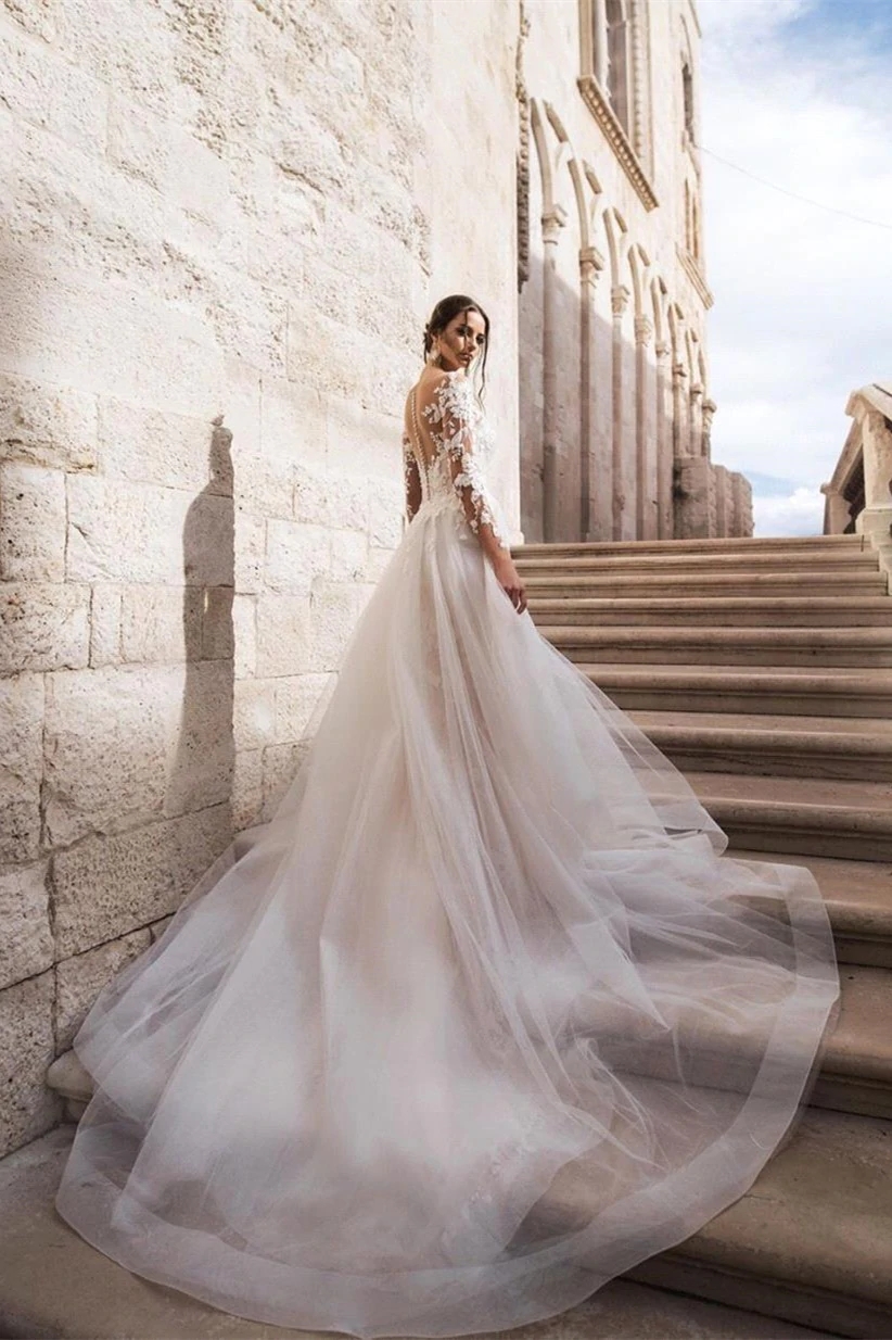 Sleeve Modest Long Lace Mermaid Dresses With Detachable Tulle Skirt Sheer Neck Illusion Bodice Bridal Summer Wedding Gowns Robe De Mariage BC