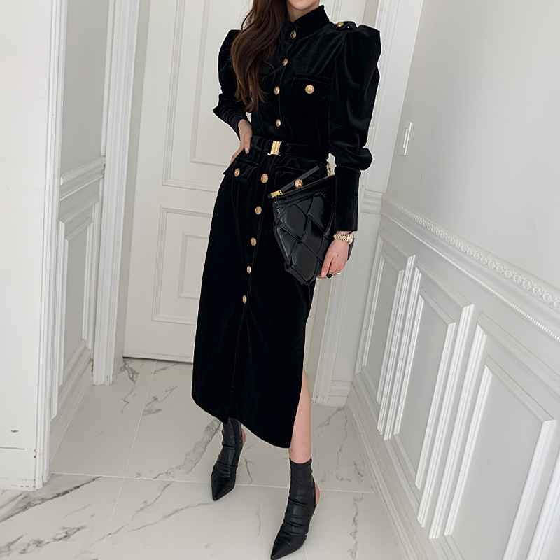 Spring Korea Chic Elegant Stand Collar Women Black Velvet Dresses Female Puff Sleeve Single-Breasted With Belted Midi Vestidos 210520