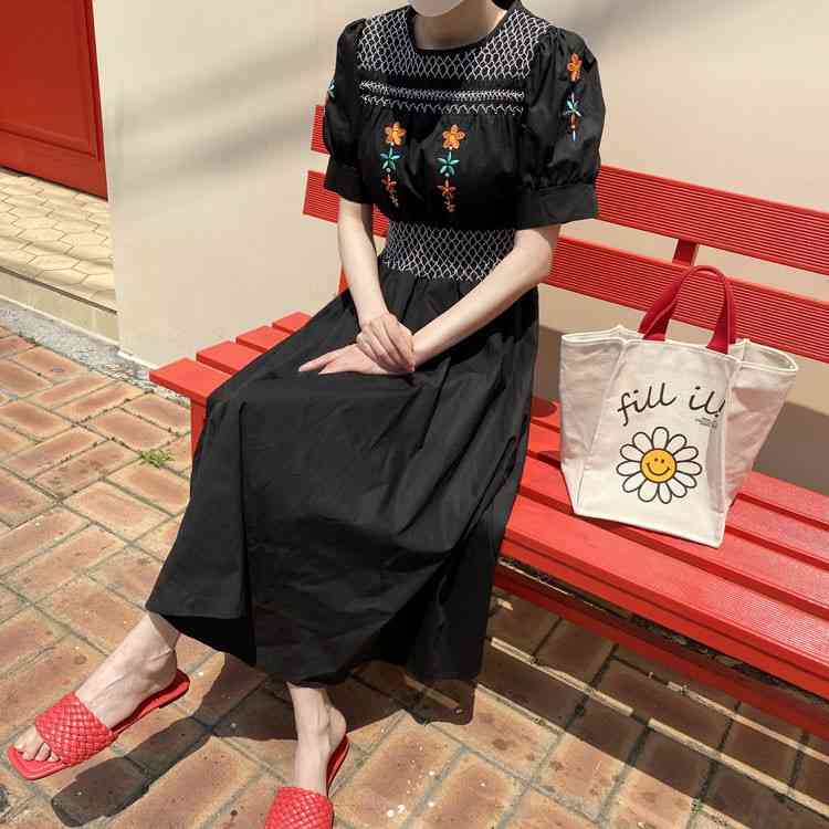 Summer Sweet O-Neck Floral Embroidery Party Dress Korean Elegant Vintage High Waist Chic Long Dress Vestidos 210518