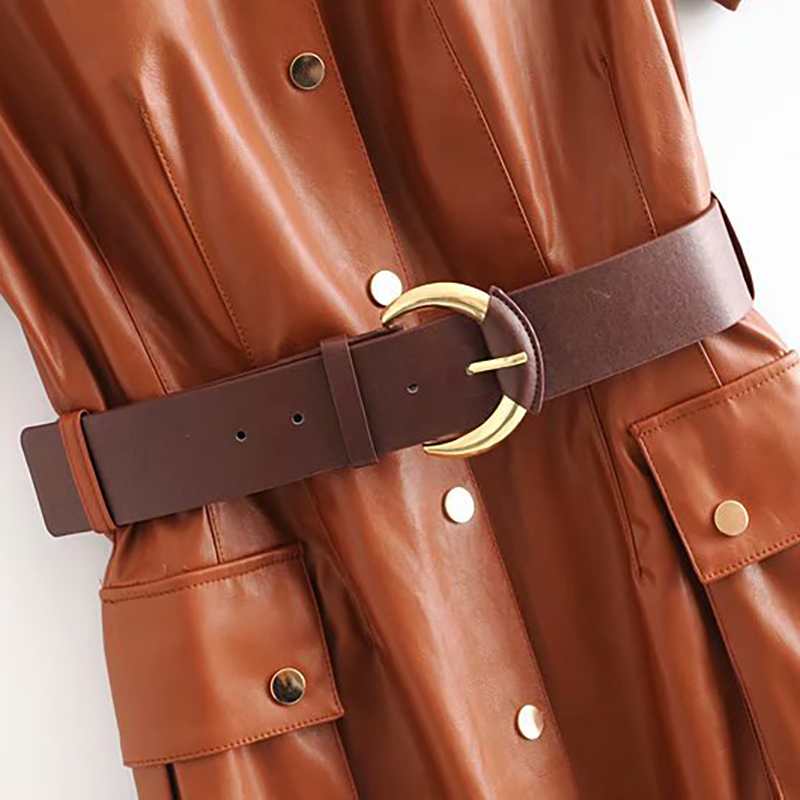 Women Streetwear Solid PU Leather Dress Pleated Short Sleeve Sashes Lady Knee Length Dresses Turn Down Collar Pockets Vestido 210515