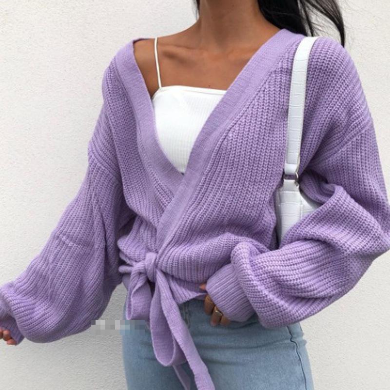Women Sweater Long Sleeve V Neck Knitted Lace Up Hollow Out Cardigan Loose Tops Autumn Winter Fashion 210513