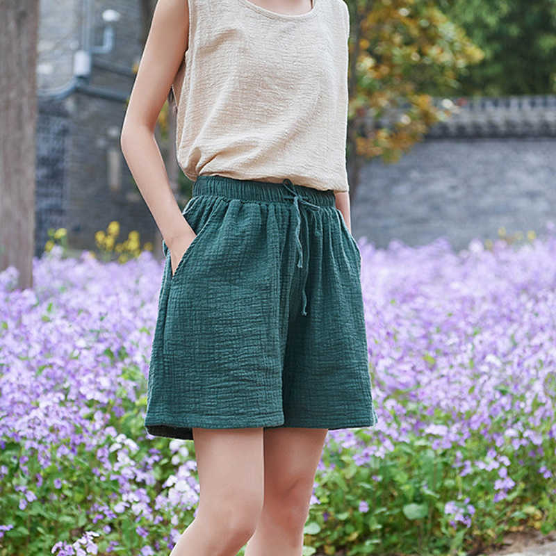 Johnature Style Casual Cotton Linen Women Shorts Summer Solid Elastic Waist Wide Leg 210714