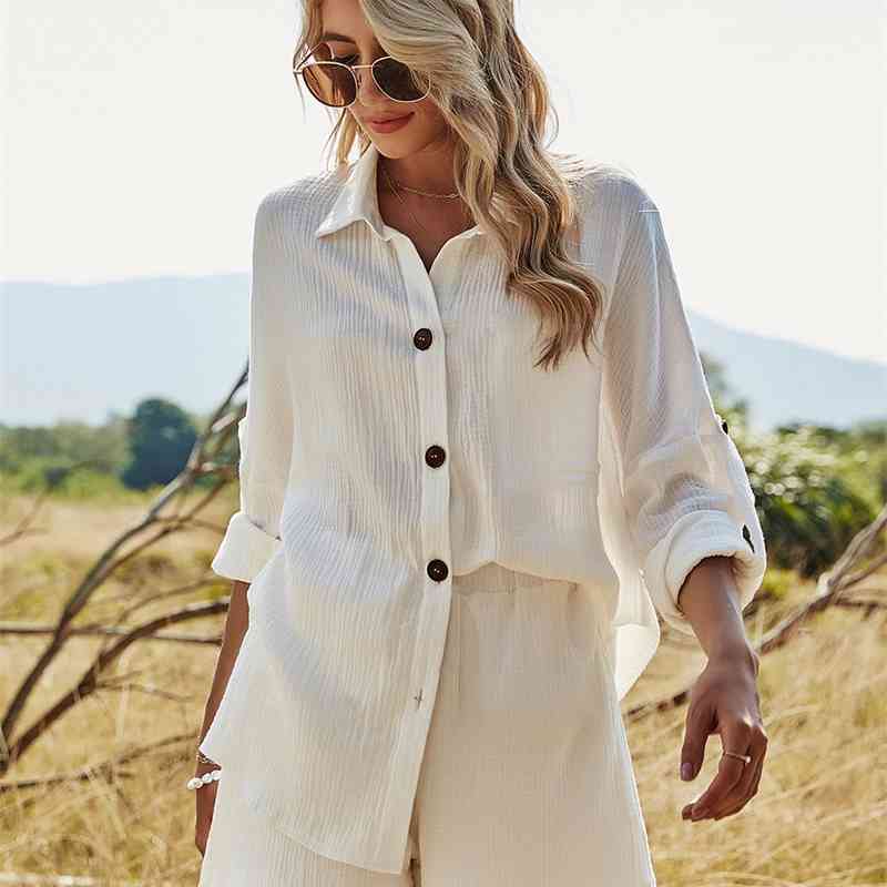 Spring Summer Two Piece Set Tracksuit Casual Outfit Suits Women White Shirt Blouse Tops Cotton Linen Shorts Pants 2 Piece Sets 210707