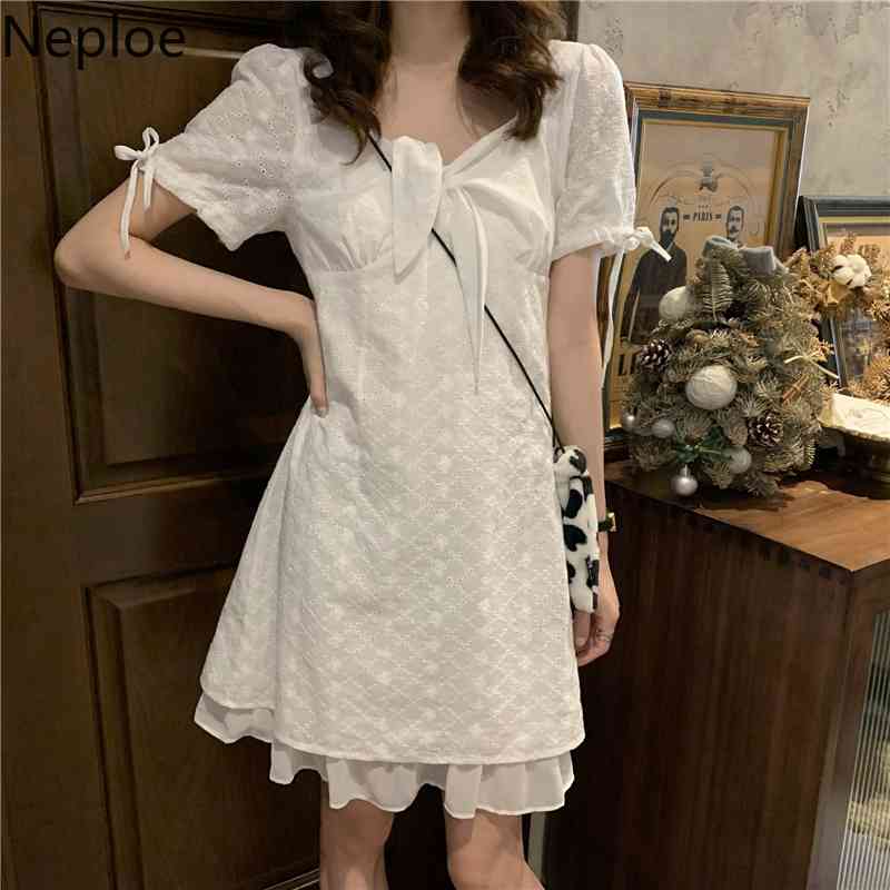 Neploe White Dresses for Women New Vintage Vestidos Female Korean Chic Robe Square Lace Up Bow Short Elegant Dress 95458 210422