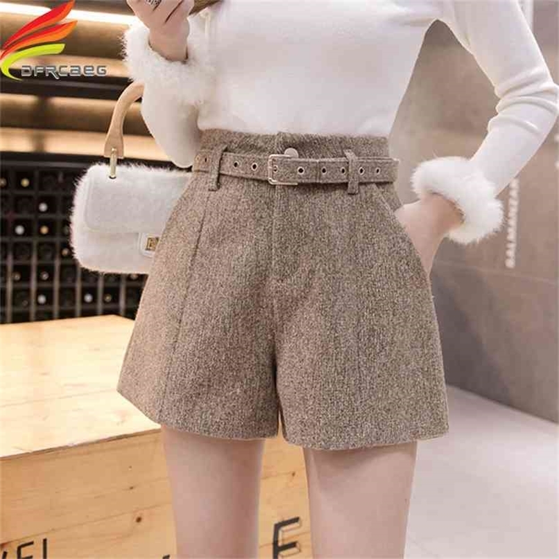 Autumn Winter High Waist Wide Leg Woolen Shorts Women Khaki Gray Black Outerwear Warm With Belt A-line Short Femme 210714