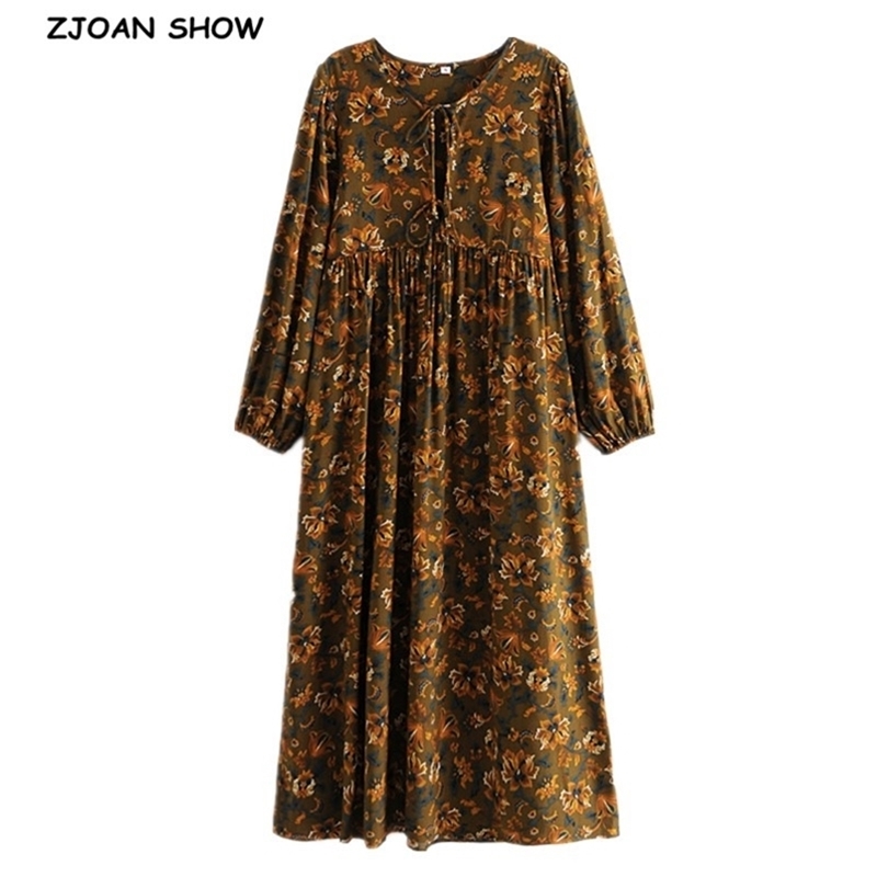 BOHO Lacing up V neck Floral Print Dress Coffee Ethnic Woman Bandage Maxi Long Cotton Sleeve Dresses Holiday Vestido 210429