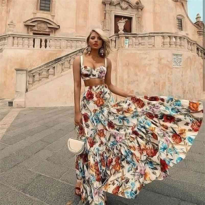 Floral Print Women Summer Dress Sleeveless 2 Piece Set Bohemian Dresses Holiday Vestidos Chic Plus Size Beach Dress Rode 210409