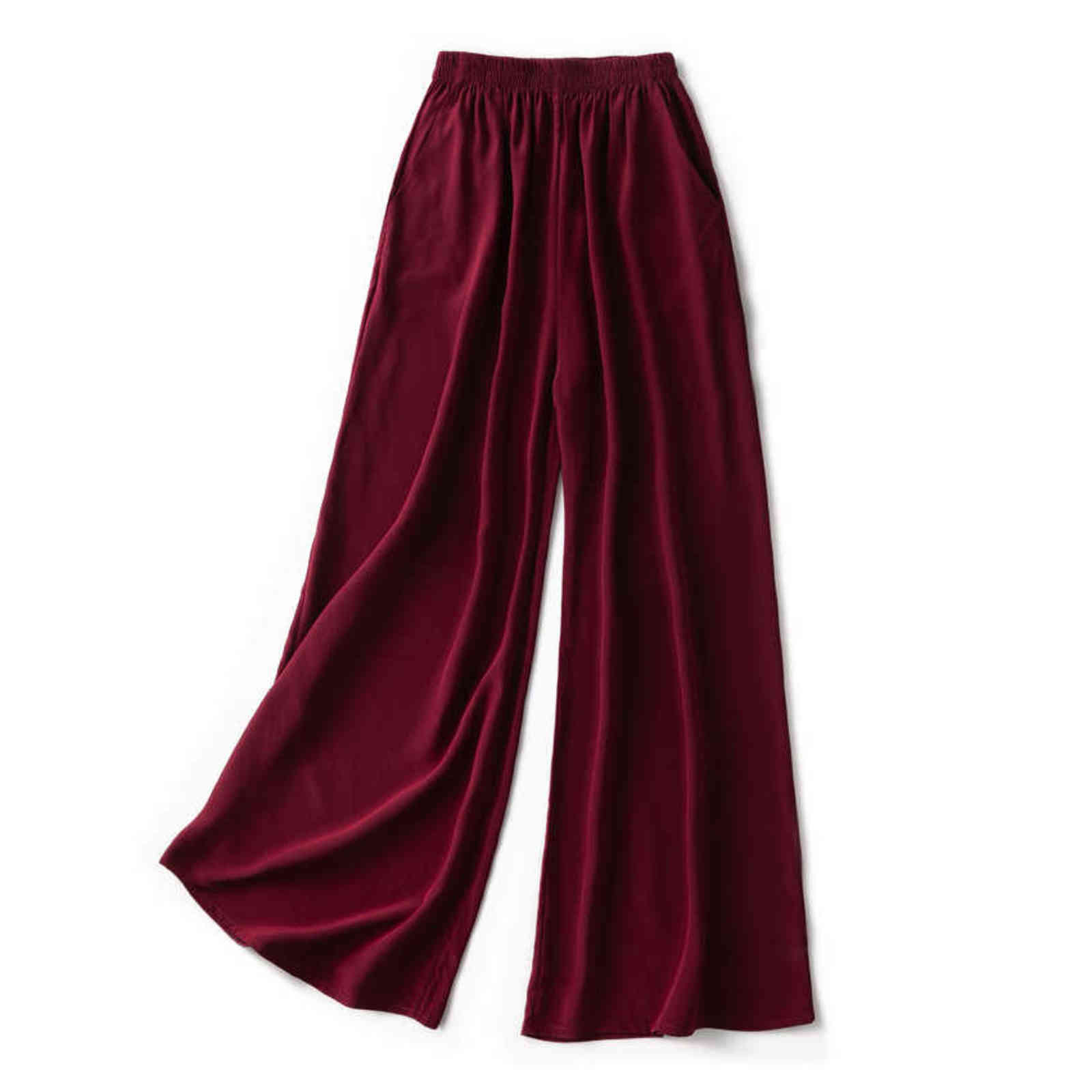 SuyaDream Women Wide Leg Pants 100%Real Silk Solid Elastic Waisted Long Office Lady Spring Summer Trousers Black 211115