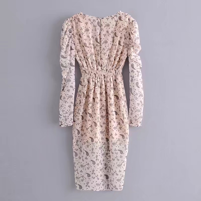 Elegant Women Cross V neck Paisley Floral Print Long Sleeve Dress Ladies Ruched Elastic Waist Slit Midi Dresses With lining 210429
