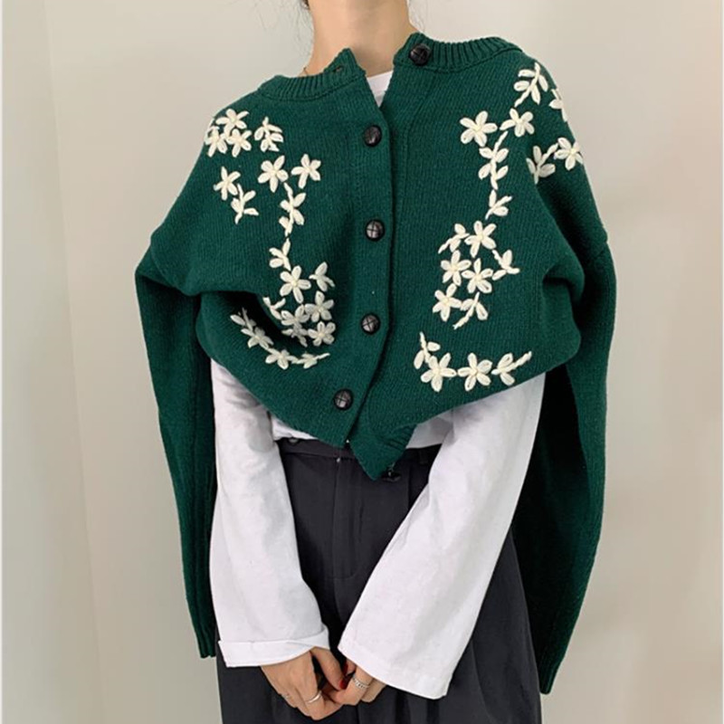 Autumn Winter Sweater Office Lady Work Vintage Floral Embroidery Tops Long Sleeve Knitted Sweaters Cardigan 210421