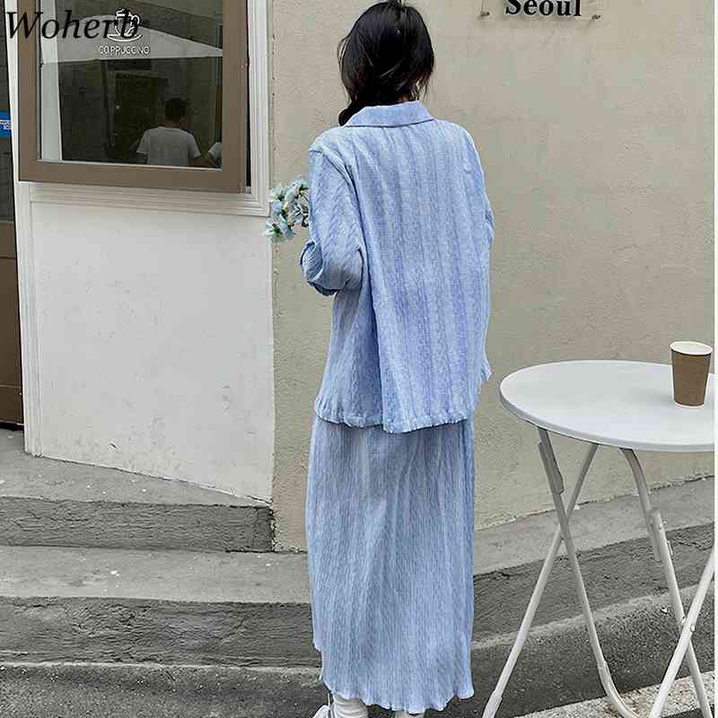 Summer Loose All Match 2 Pieces Set Women Thin Plaid Blouse Coat + High Waist Long Skirts Korean Streetwear Outfits 210519
