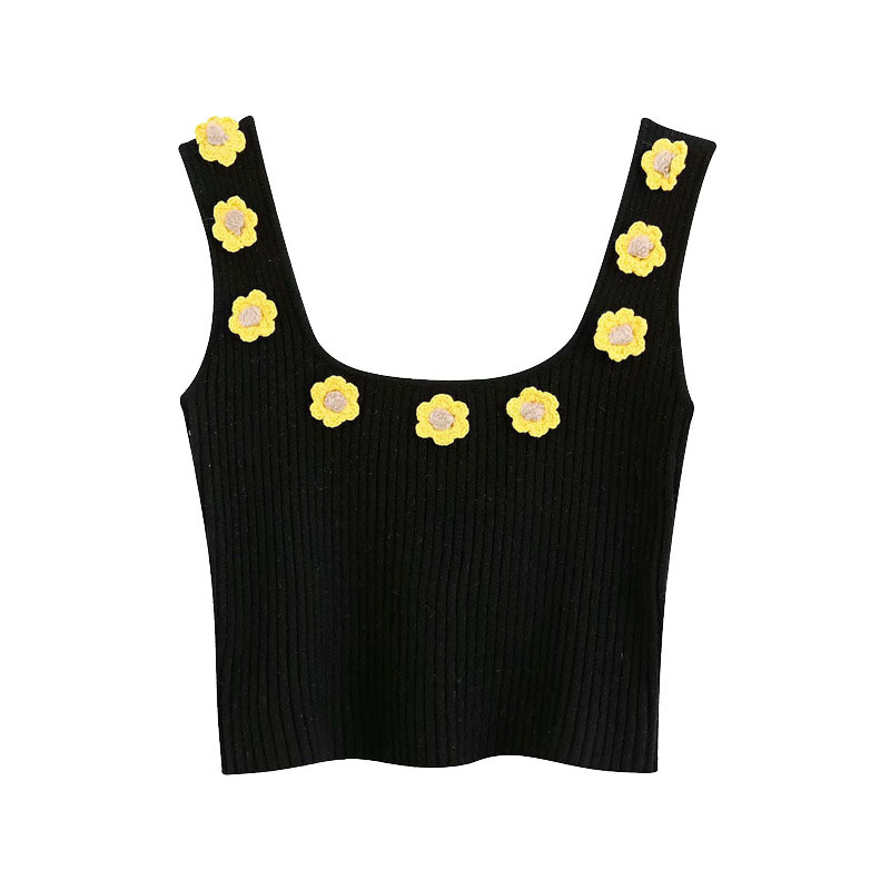 Women Sweet Fashion Floral Appliques Short Knitted Vest Vintage Sleeveless Sweater Girls Chic Jumpers 210520