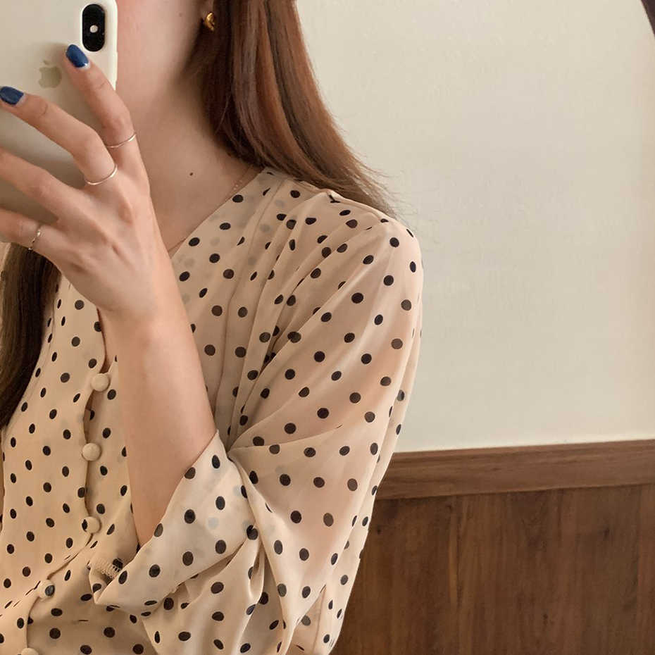 Women Long Sleeve Shirts Fashion Polka Dot Chiffon Shirt Womens Tops Blouses OL Transparent Blusa Mujer White Blouse 210601