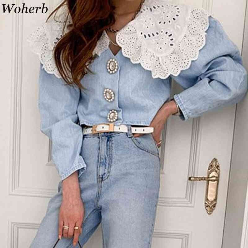 Elegant Tops Women Denim Shirt Lace Doll Collar Korean Style Fashion Blouse Cropped Vintage Blouses Blusas 210519