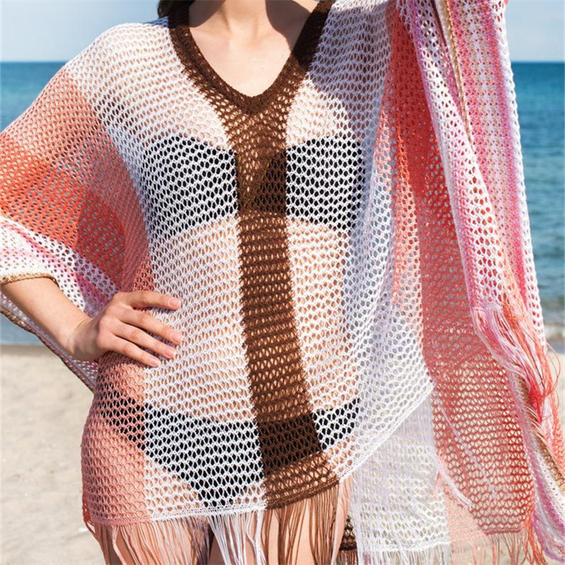 Oversize Bohemian Striped V-neck Cape Sleeve Fringed Knitted Summer Dress Beach Cover Up Women Beachwear Crochet Tunic Q900 210420