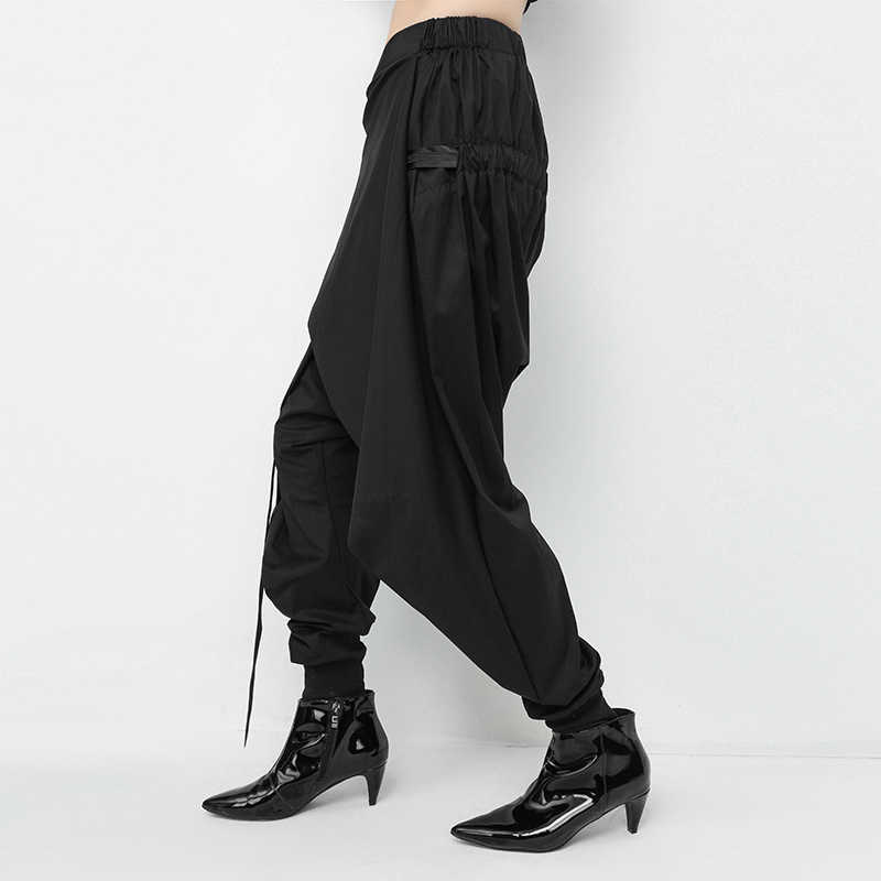 Spring Black Loose Elastic Waist Lace Up Spliced Personality Casual Harem Pants Fashion Women's LA982 211115