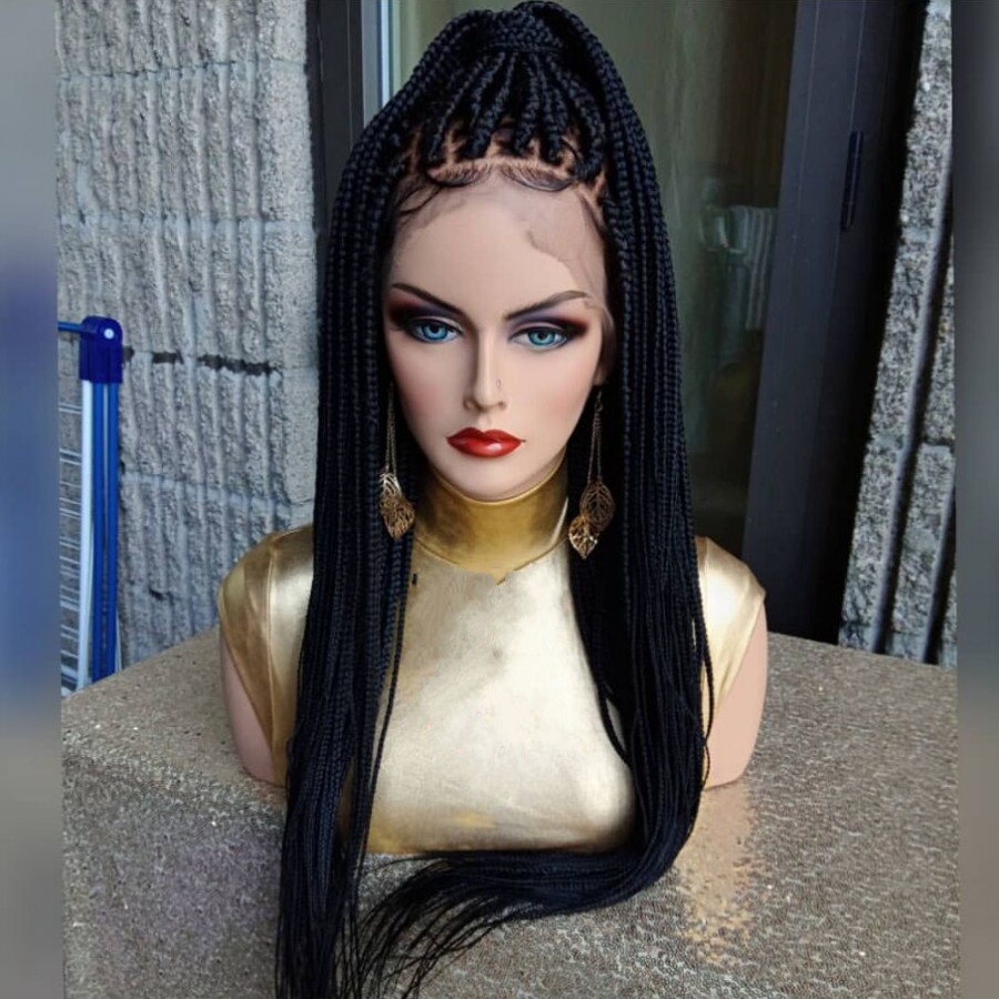 Perruque Long Braided Box Braids Synthetic Lace Front Wigs Black/brownColor Micro Braids Wig With Baby Hair Heat Resistant For Africa American Women