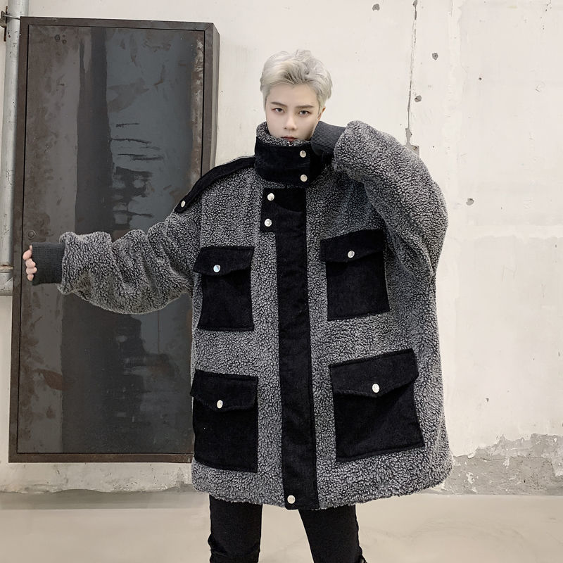 IEFB oversized men's clothes corduroy patchwork Multi Pocket loose lamb wool cotton padded coat stand collar jackets zipper 4430 210524