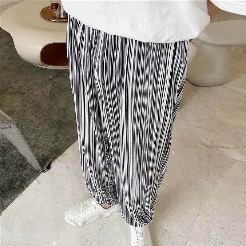 IEFB Men's Striped Casual Pants Korean Loose And Fashionable Baggy Pants Wide Leg Pants Elastic Waist Causal Summer Trousers 210524