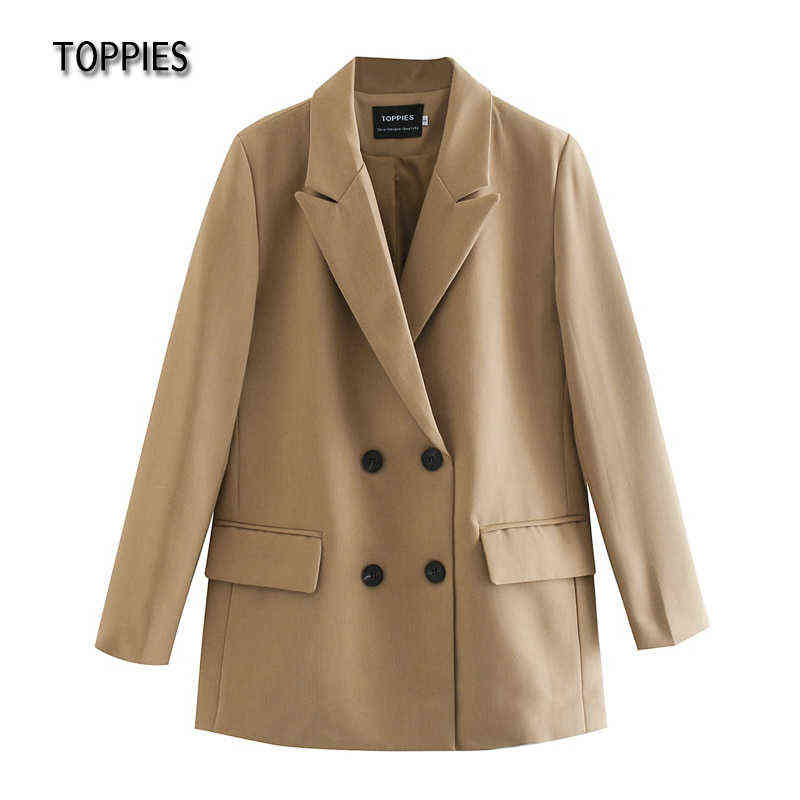 TOPPIES Womens Long Blazer Double Breasted Suit Jacket Loose Oversize Coat Solid Color Formal 211122
