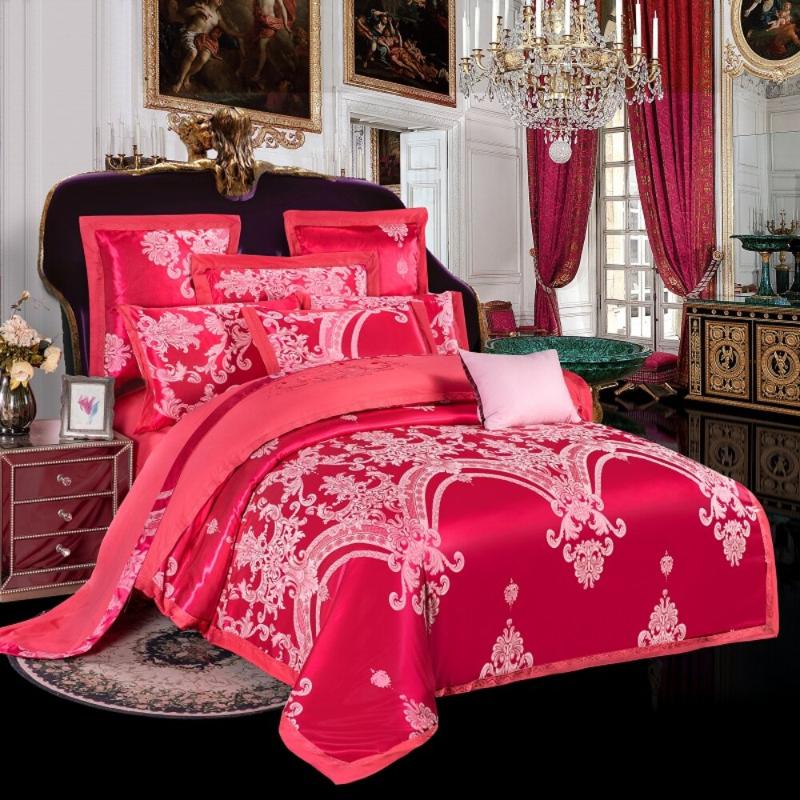 Luxury Silk Cotton Jacquard 4pcs Bedding 100%cotton Embroidered Duvet Cover Bed Sheet Pillowcase Drop Red Wedding Sets