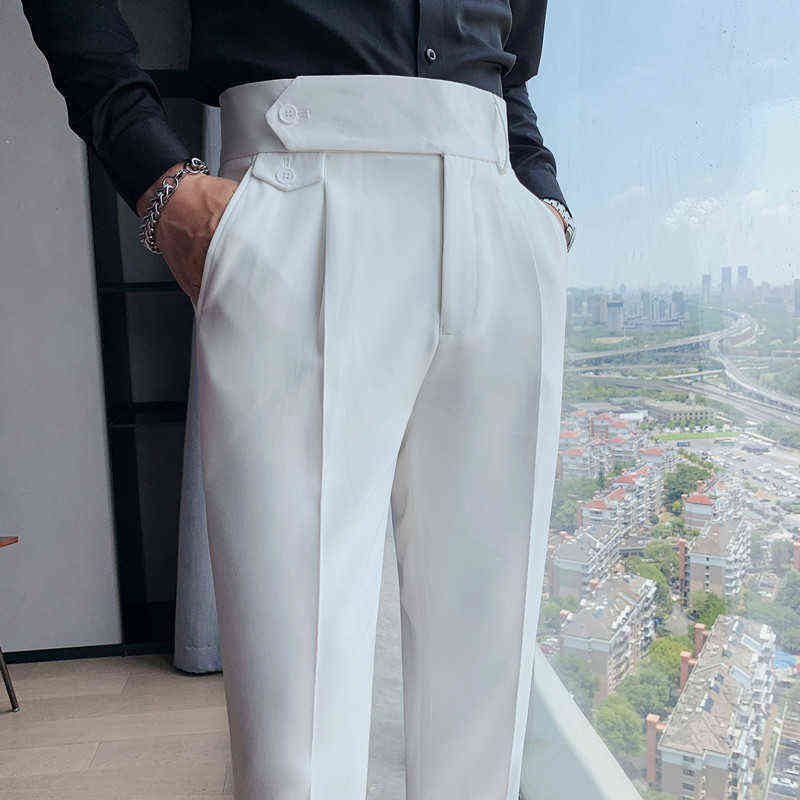 Vintage England Elegant Mens Slim Fit Suit Pants Gentleman Retro British Style Social Pants Men White Office Trousers Work Dress 211229