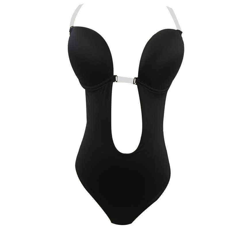 Women Seamless Backless Bodysuit Underwear Sexy Lingerie Invisible Bra Slimming Body Shaper Plunge Deep Cut Bras Strap Brassiere 211116