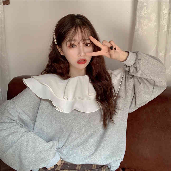 Nomikuma Women Sweatshirt Double Ruffle Peter Pan Collar Sweet Pullover Tops Autumn Korean Causal Long Sleeve Hoodie 6C246 210427