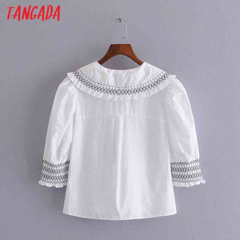 Women Retro Embroidery Oversize Collar Sleeve Chic Female Short Blouse Shirt Tops 3H82 210416