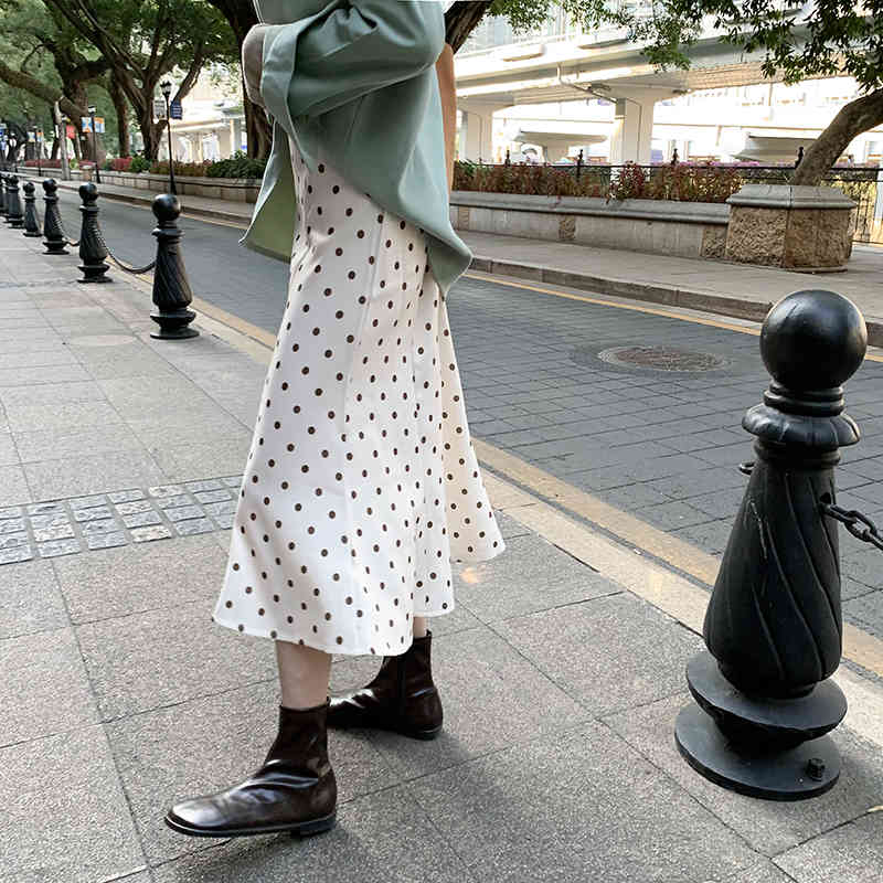 Polka Dots Elegant Vintage Fashion Feminine Chic Retro Female OL Slim Regular A-Line Women High Waist Long Skirt 210421
