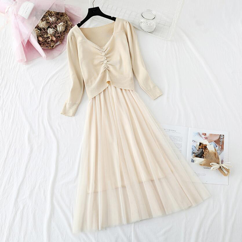 Spring Autumn Womans Sweater + Mesh Sling Dress Sets Solid Color Female Casual Two-Pieces Suits Elegant Knitted Dress 210521