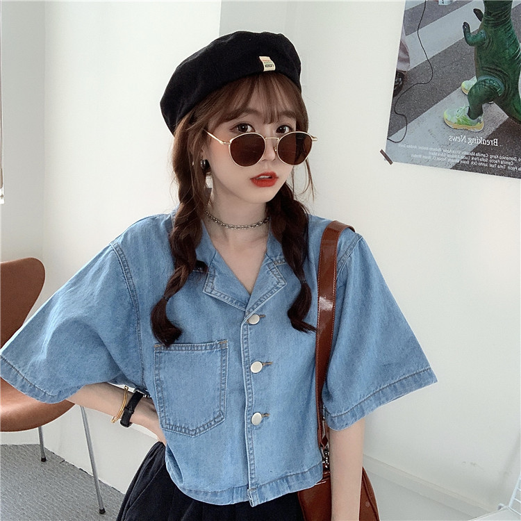 Casual Loose Korean Clothing Thin Short Denim Shirt Camisas Mujer Blusas Femininas Elegante Women Blouse ladies tops 324i 210420