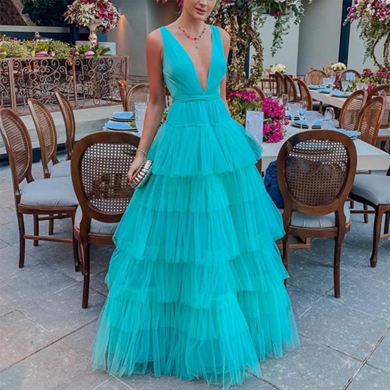 Women Dress Deep V Neck Sleeveless Girls Party Ruffles High Waist Temperament Maxi es Plus Size es 210524