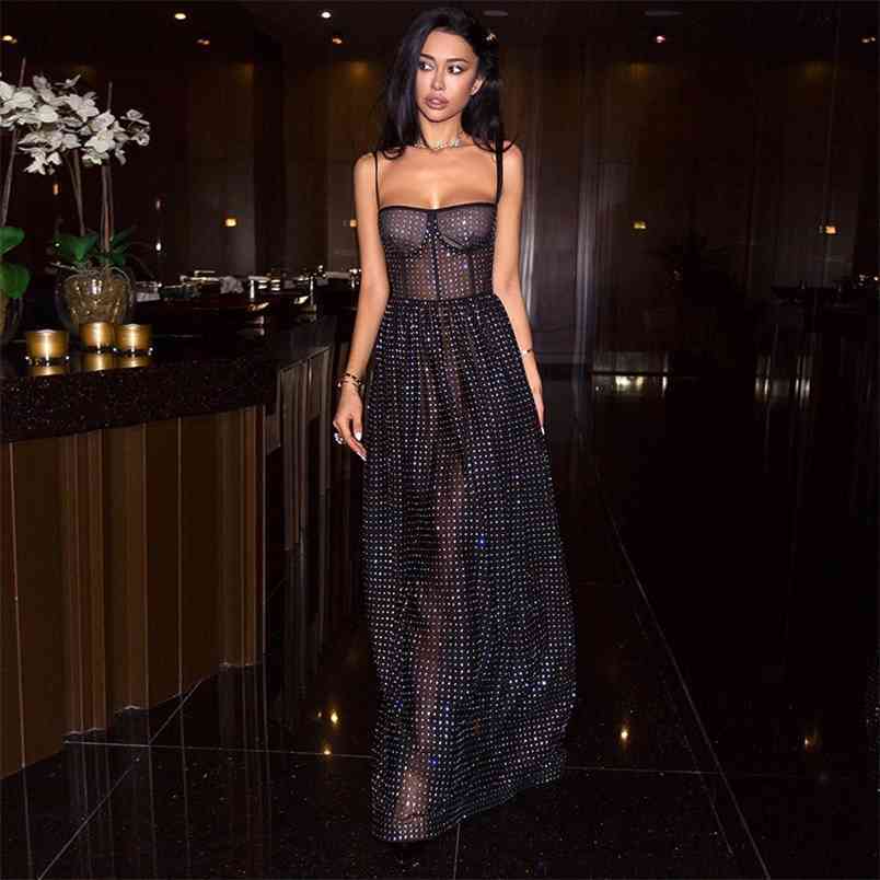 Free Women Summer Mesh Bandage Dress Sexy Spaghetti Strap Sleeveless Backless Shiny Diamond Club Party 210524