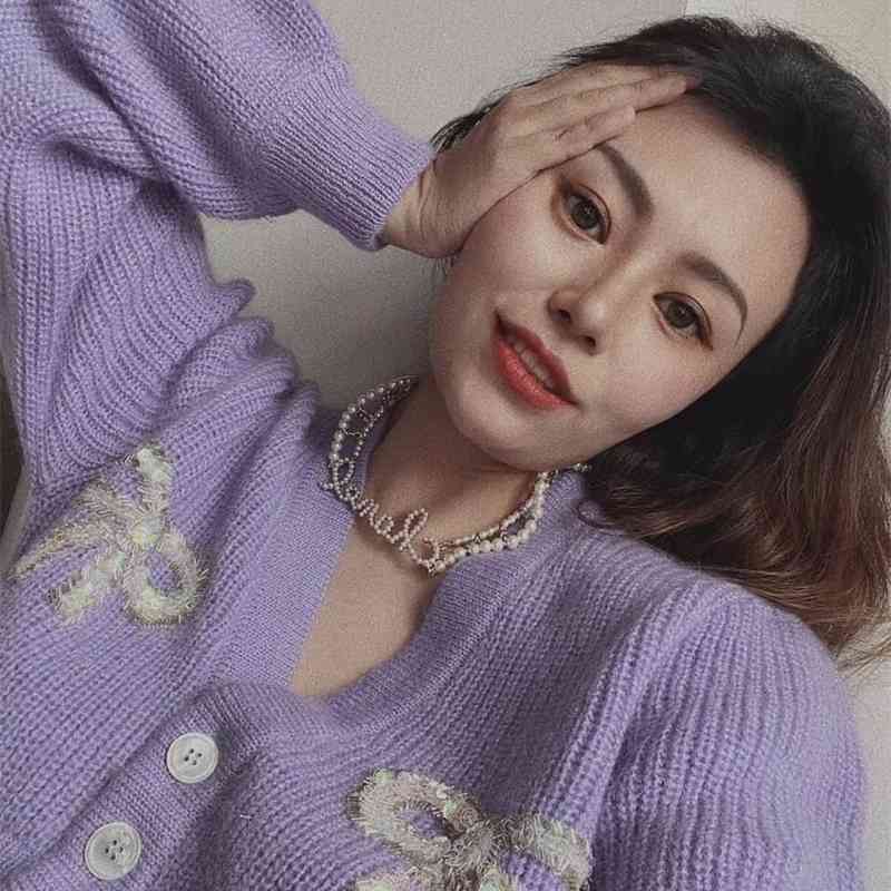 Vintage Purple Spliced Sequins Bow Knit Crop Cardigan Women V neck Single-breasted Button Sweater Long sleeve Short Jumper 210429